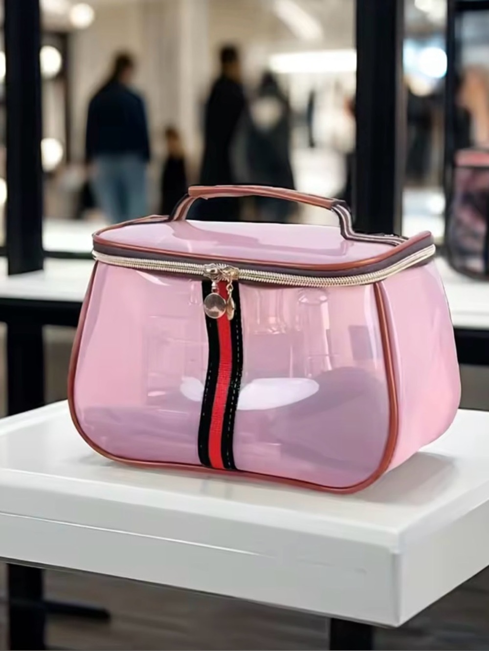 New Arrivals Pink Clear Cosmetic Train Case Bag with Top Handle